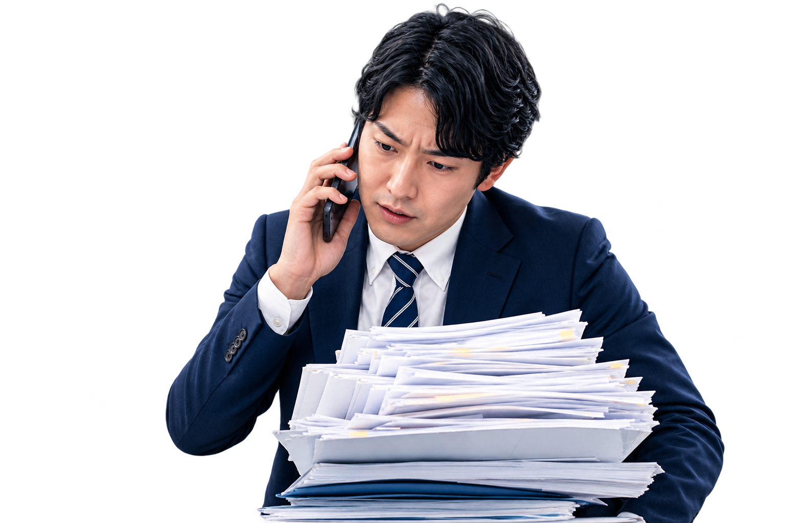 請求書の束を抱えて業務に追われる男性
